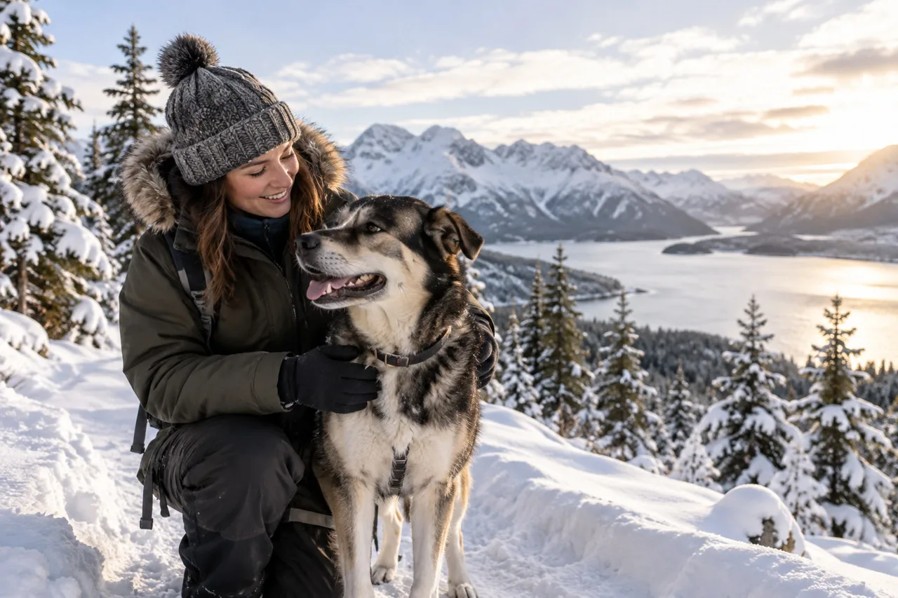 Owner sitting outdoors beside a husky-type dog in a snowy landscape
